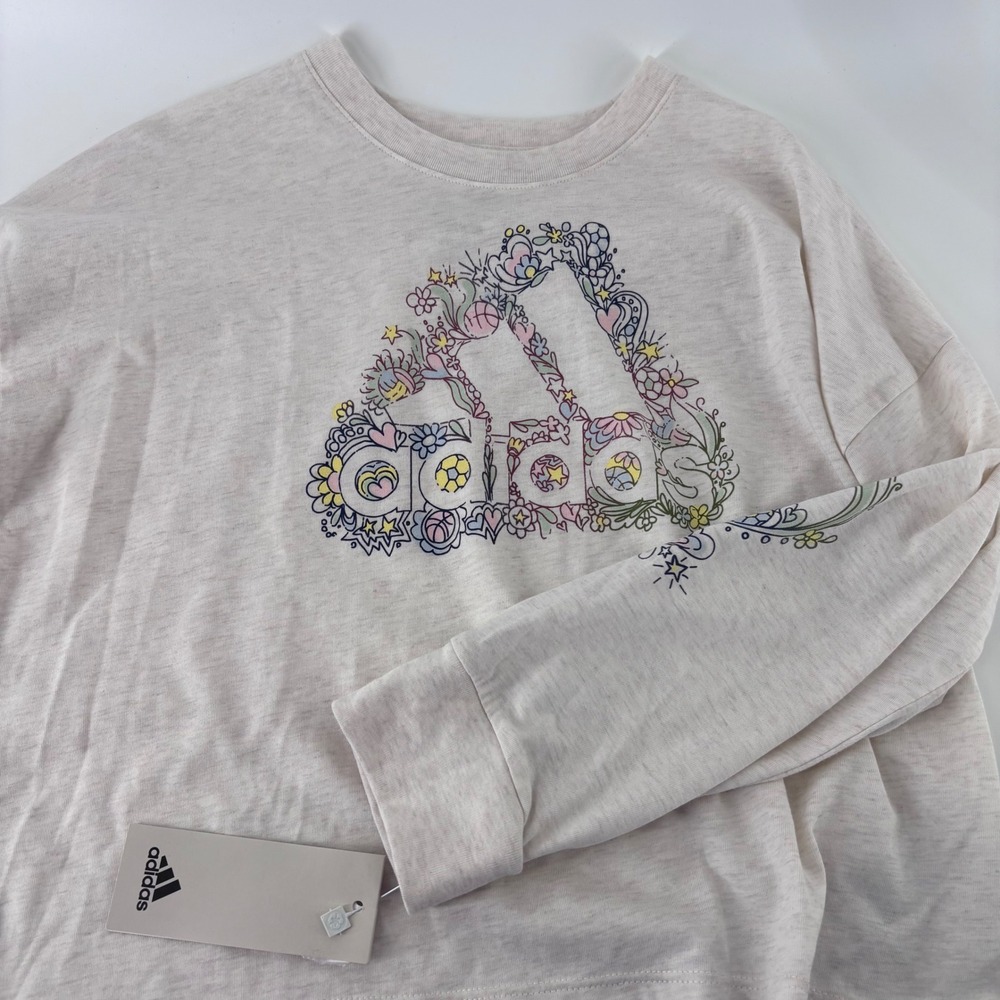 Adidas Graphic Tee Women S Oatmeal Floral Logo Long Sleeve Loose Fit NWT